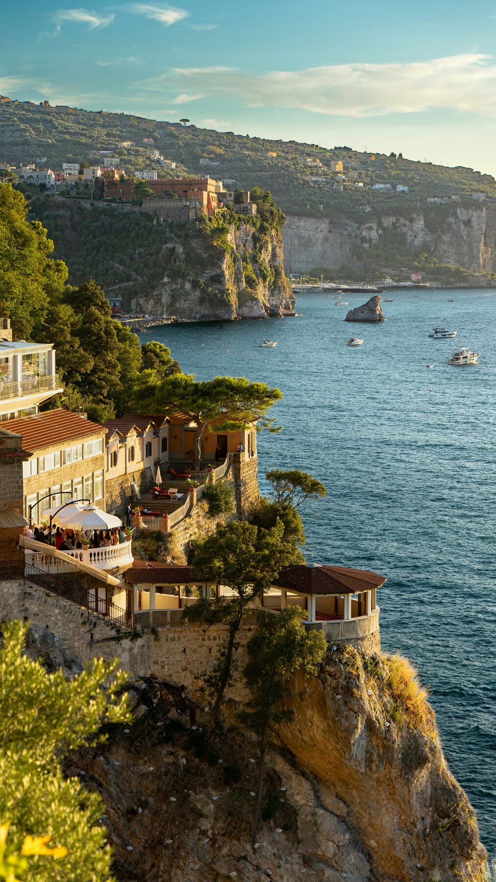Clifftop terraces of Sorrento above the Bay of Naples at golden hour